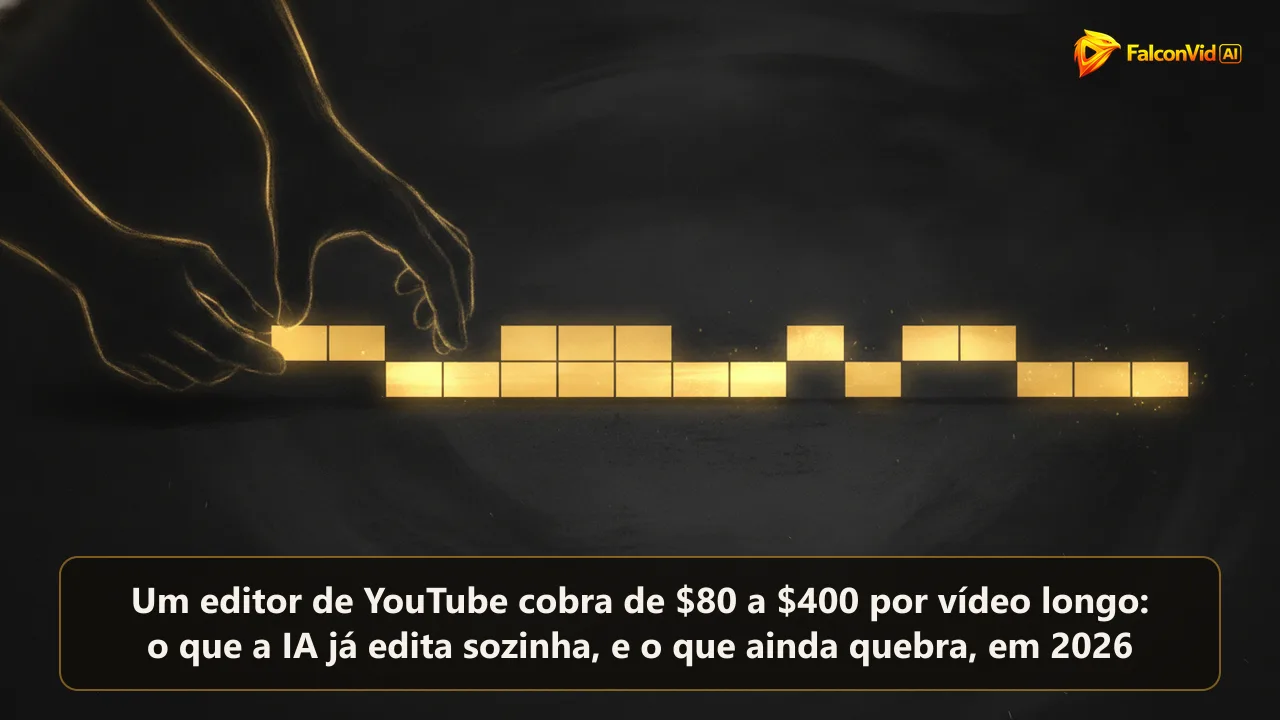 Uma longa timeline dourada de edição, metade montada por mãos abstratas apagadas e metade se encaixando sozinha.
