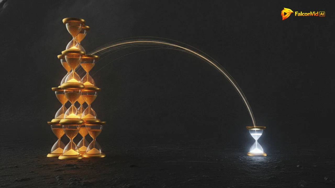 A stack of eight golden hourglasses on one side and a single small bright hourglass on the other, joined by a luminous arc.