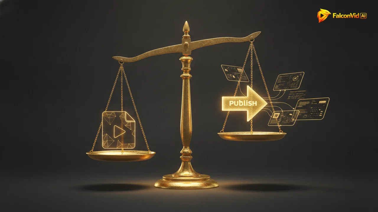 Golden balance scale weighing a single video file against a publish arrow feeding three screens