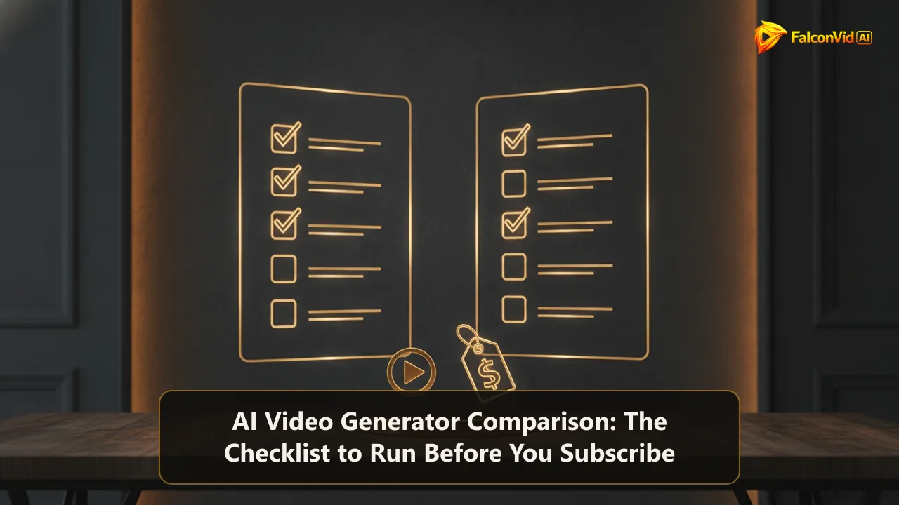 Two glowing golden checklists floating above a dark desk beside a play button and a price tag