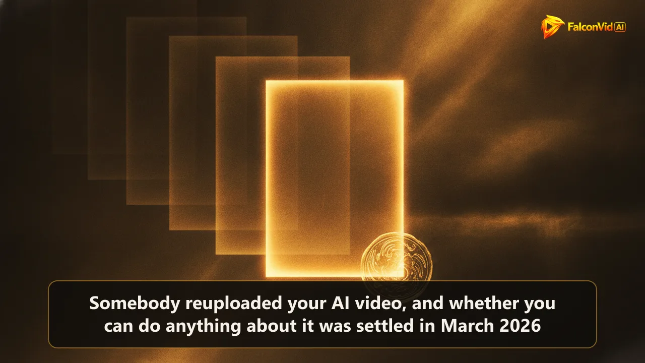 A glowing video frame with a golden seal at its corner and faint duplicate copies fading into the background, representing ownership of an AI generated video