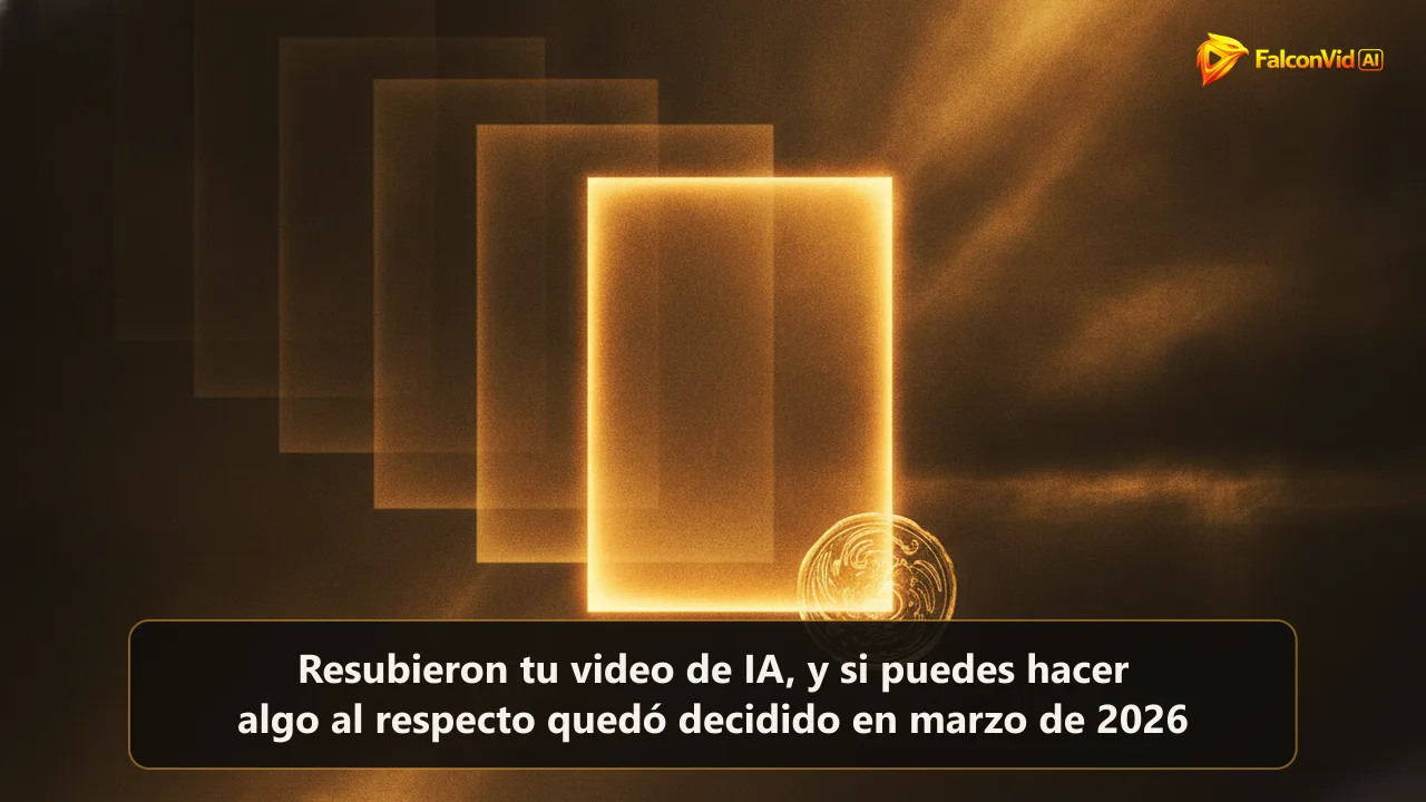 Un cuadro de video iluminado con un sello dorado en la esquina y copias tenues al fondo, que representan la propiedad de un video generado con IA
