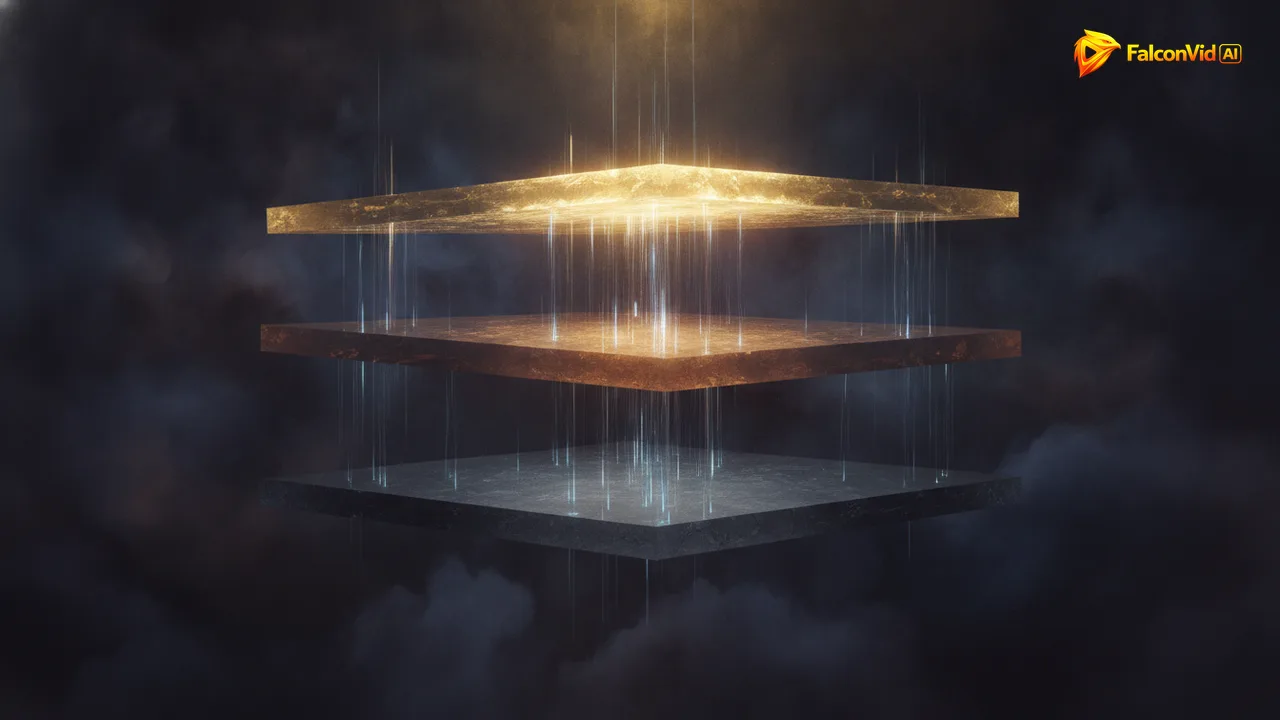 Three stacked translucent planes glowing at different intensities, representing the raw generated layer, the authored script layer and the arrangement layer of an AI video
