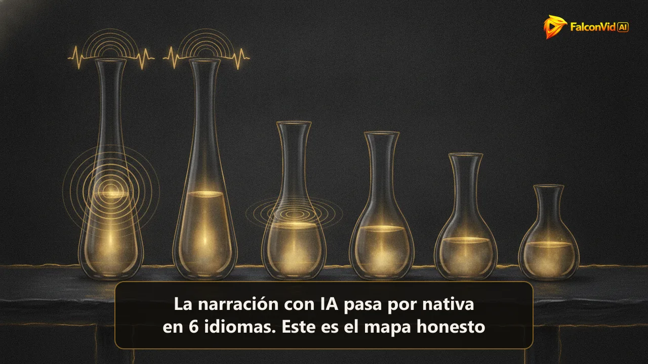 Fila de recipientes de vidrio sobre una mesa oscura con distintos niveles de líquido dorado brillante, los más llenos vibrando en ondas sonoras limpias