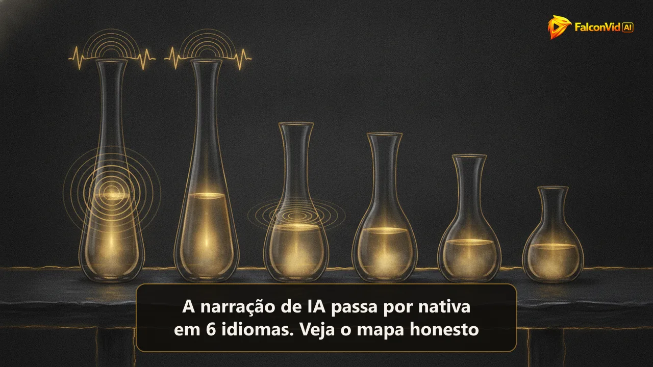 Fileira de recipientes de vidro sobre uma mesa escura com níveis diferentes de líquido dourado brilhante, os mais cheios vibrando em ondas sonoras limpas