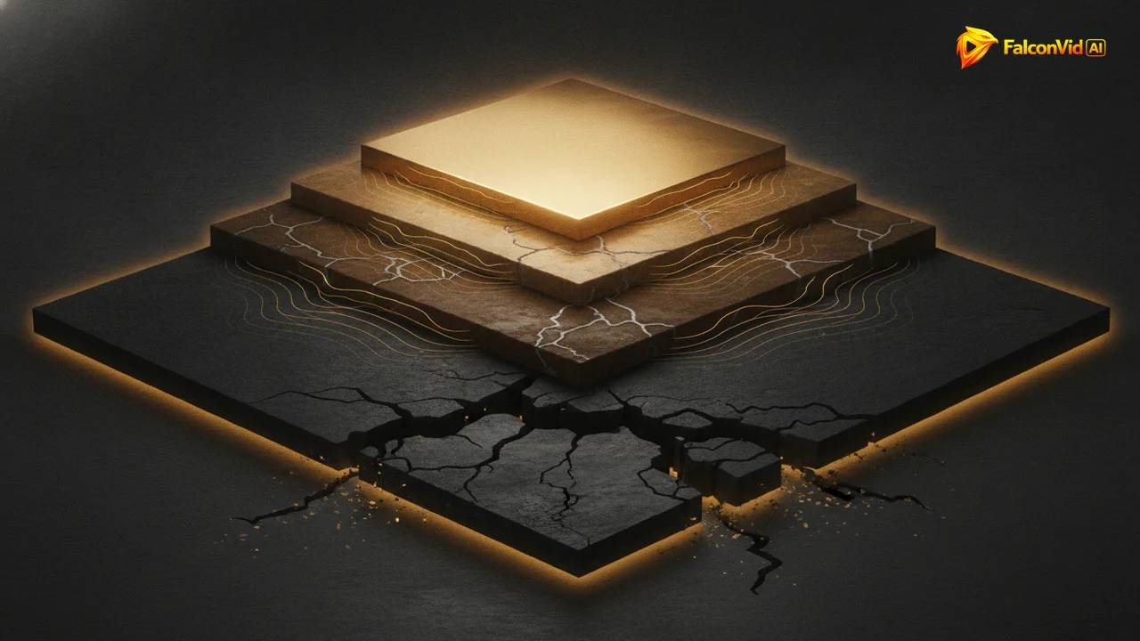 A dark stone relief map with three terraces, the top one polished and glowing gold, the middle one lightly fractured, the bottom one cracked and dim
