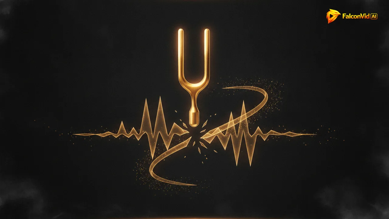 A golden tuning fork pulling the broken fragments of a sound wave back into one continuous line