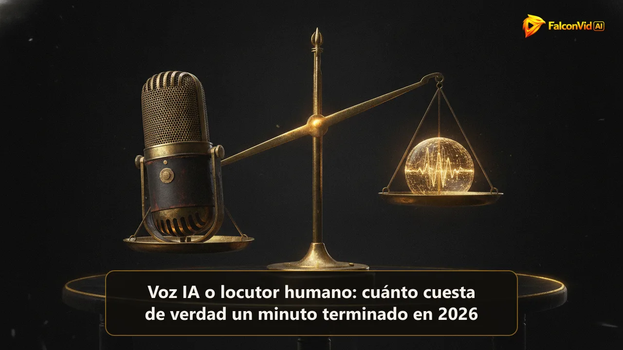 Una vieja balanza de latón sobre una mesa oscura, un platillo con un micrófono de estudio antiguo y el otro con un orbe de onda digital brillante, y un haz dorado sobre el eje