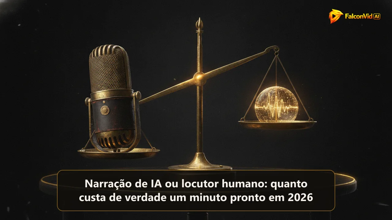 Uma velha balança de latão sobre uma mesa escura, um prato com um microfone de estúdio antigo e o outro com um orbe de onda sonora digital brilhante, e um facho dourado sobre o eixo
