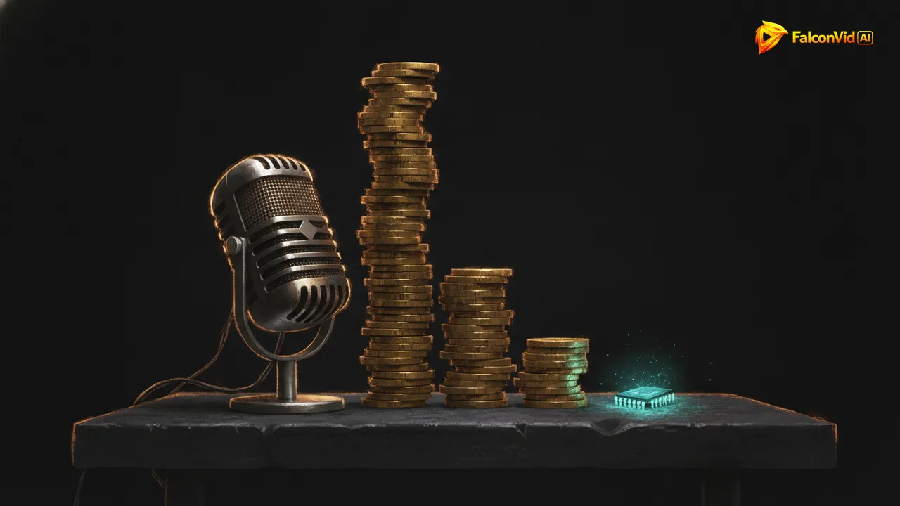 A tall stack of brass coins beside a single studio microphone next to a much smaller stack of coins beside a tiny glowing microchip, a cost comparison in golden light