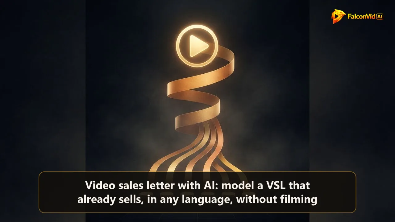 A glowing play button unrolling a ribbon of light that splits into six parallel ribbons ending in coin-like discs, one video sales letter becoming six revenue streams