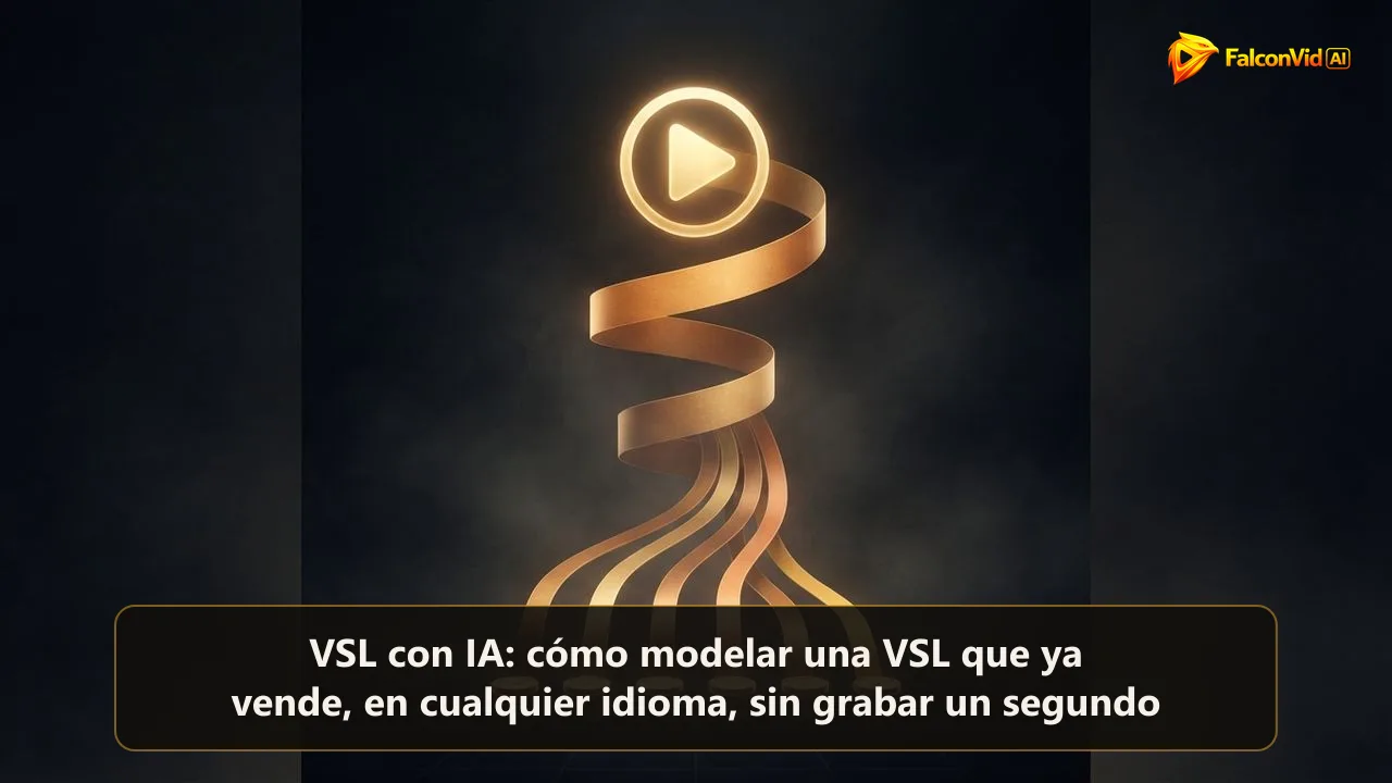 Un botón de play brillante desenrollando una cinta de luz que se divide en seis cintas paralelas que terminan en discos como monedas, una VSL convirtiéndose en seis fuentes de ingreso