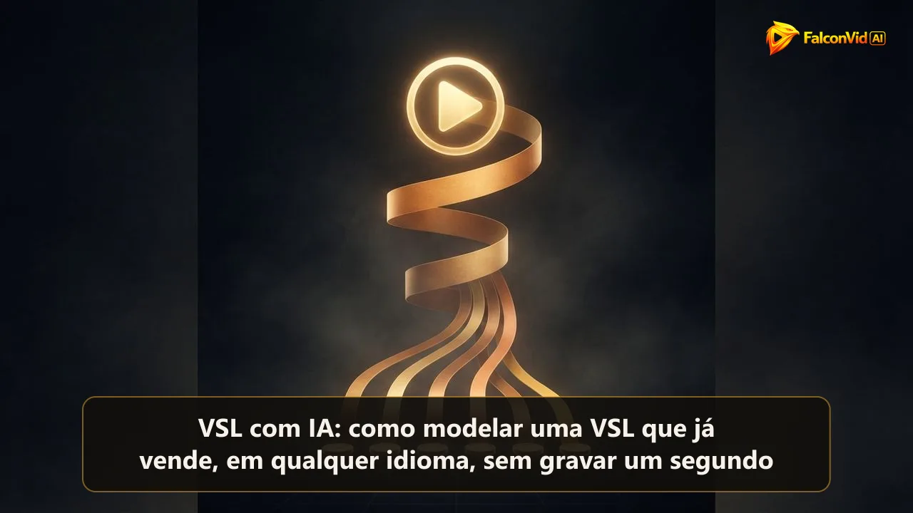 Um botão de play brilhante desenrolando uma fita de luz que se divide em seis fitas paralelas terminando em discos como moedas, uma VSL virando seis fontes de receita