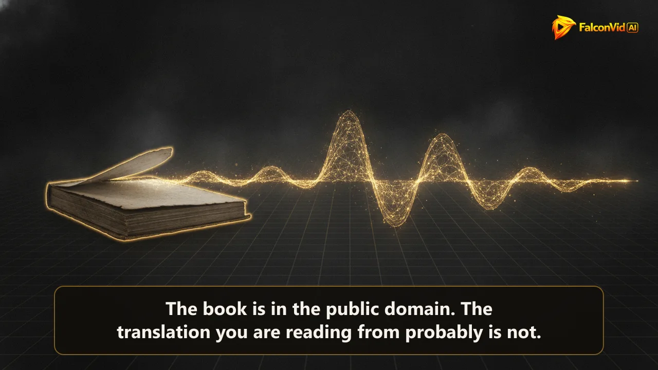 An old open book whose pages lift away and dissolve into a long golden sound waveform, representing a public domain book turned into narrated video
