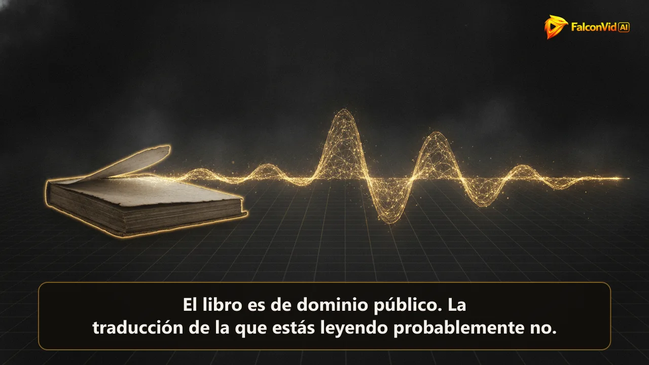 Libro antiguo abierto cuyas páginas se deshacen en una larga onda de sonido dorada, como un libro de dominio público convertido en video narrado