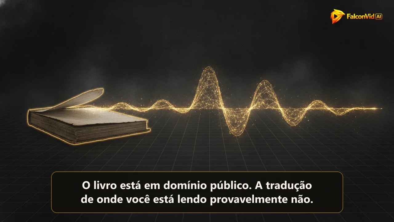 Livro antigo aberto cujas páginas se soltam e se desfazem numa longa onda sonora dourada, representando um livro em domínio público virando vídeo narrado