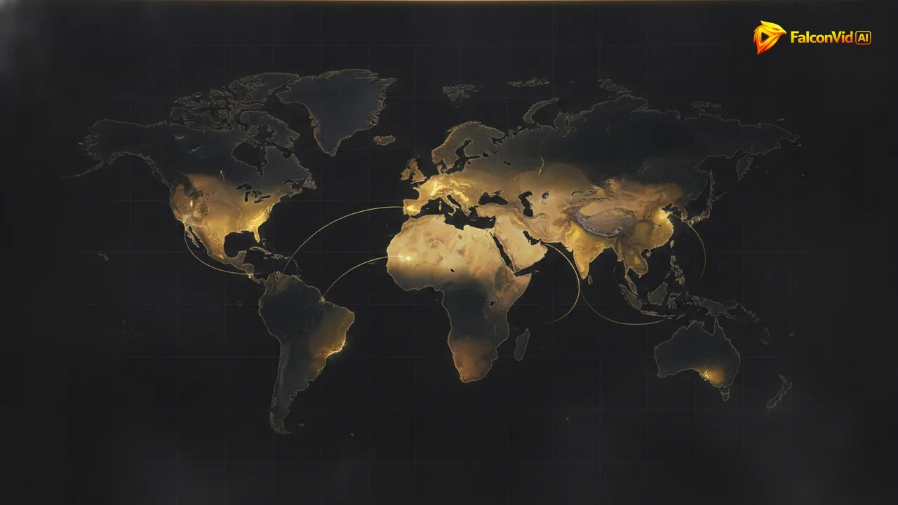 Mapa mundial oscuro y abstracto con algunas regiones brillando en dorado y otras apagadas, que muestra que el dominio público cambia de un país a otro