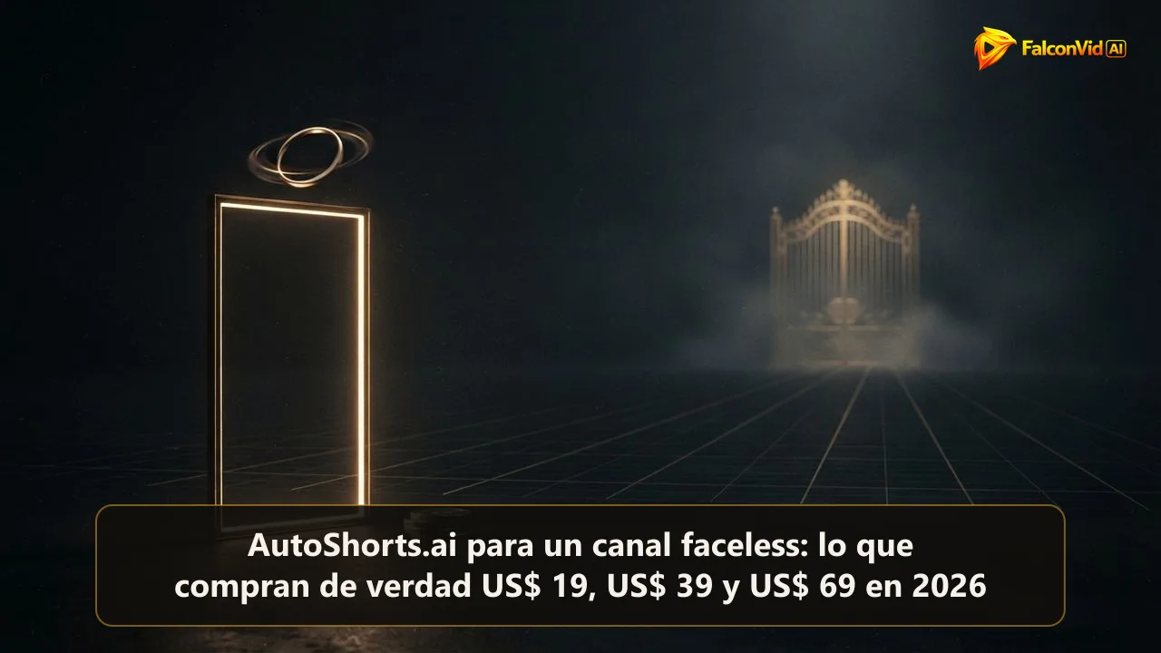 Un marco vertical dorado y delgado solo sobre un fondo oscuro, con un pequeño anillo de loop y tres fichas, y una puerta dorada alta a lo lejos al final de un camino largo, una máquina de Shorts lejos de la monetización