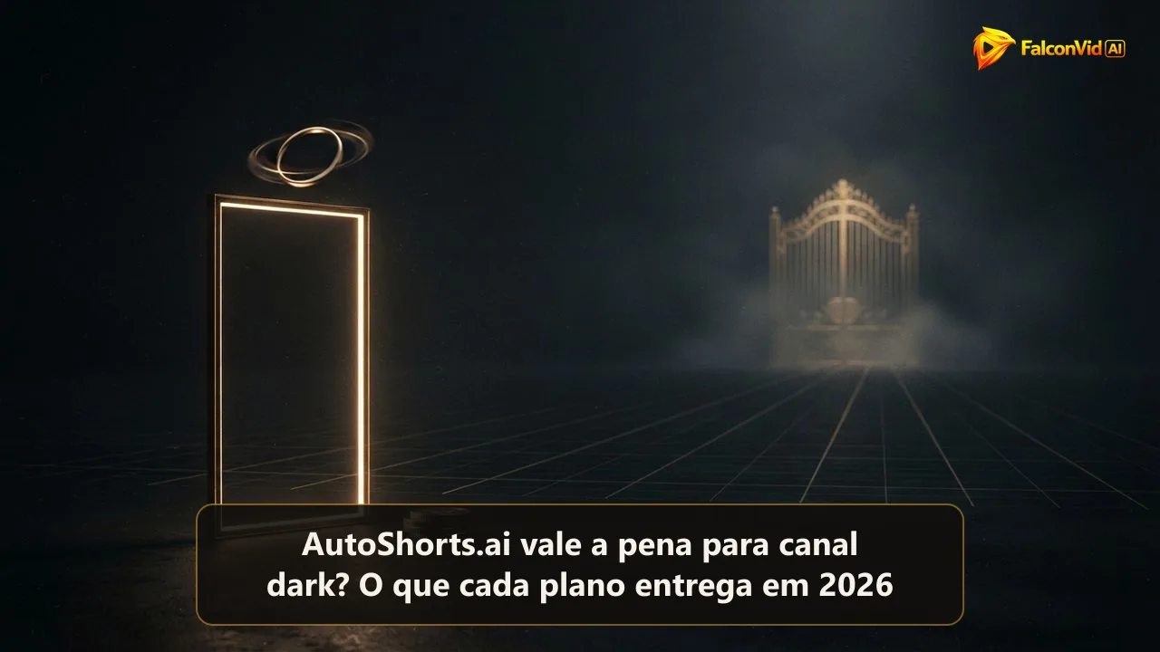 Um quadro vertical dourado e fino sozinho num fundo escuro, com um pequeno anel de loop e três fichas, e um portão dourado alto lá longe no fim de um caminho comprido, uma máquina de Shorts longe da monetização