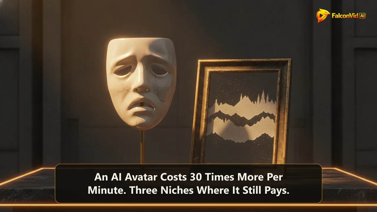 A ceramic theatre mask on a brass stand lit by golden light beside an empty brass frame holding paper cutouts of mountains and rooftops