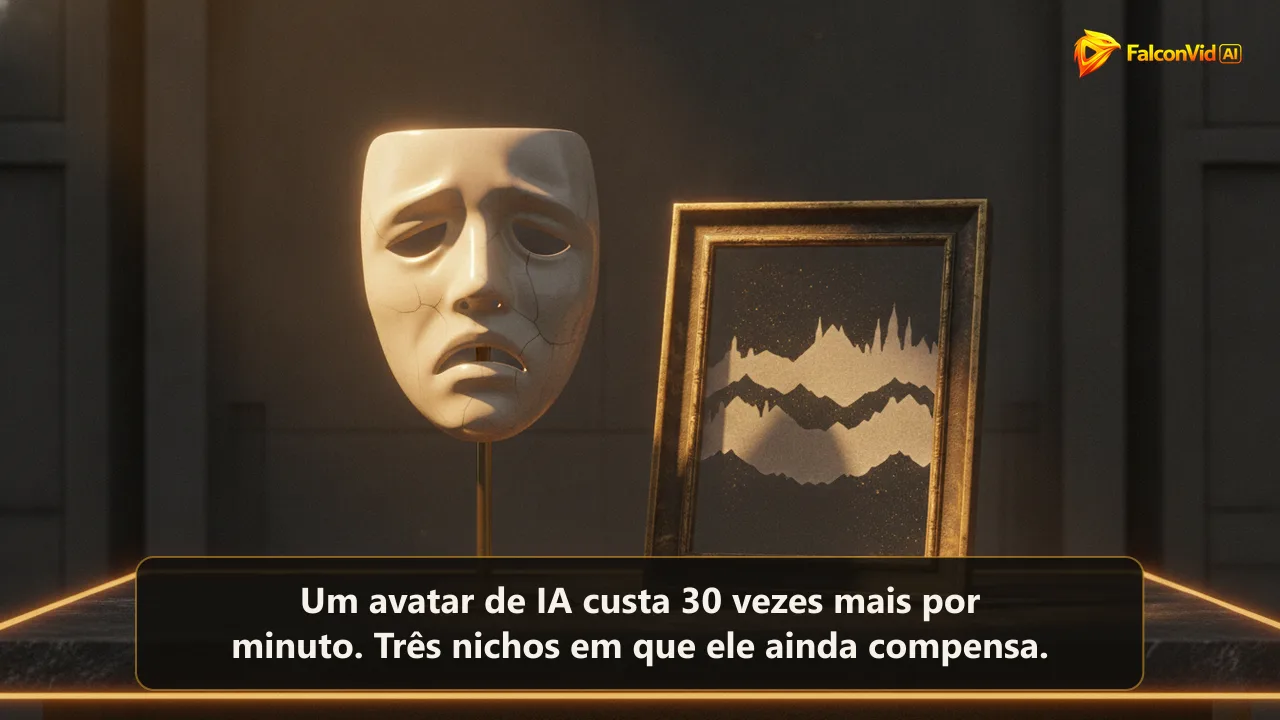 Máscara de teatro em cerâmica sobre suporte de latão iluminada por luz dourada ao lado de uma moldura vazia com recortes de papel de montanhas e telhados