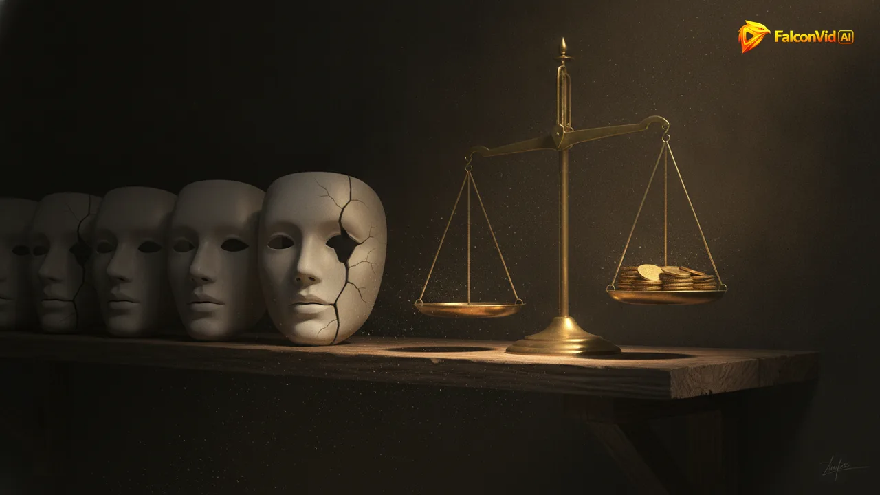 A row of nearly identical porcelain masks fading into shadow on a dark shelf, the nearest one cracked, beside a brass scale weighed down by coins