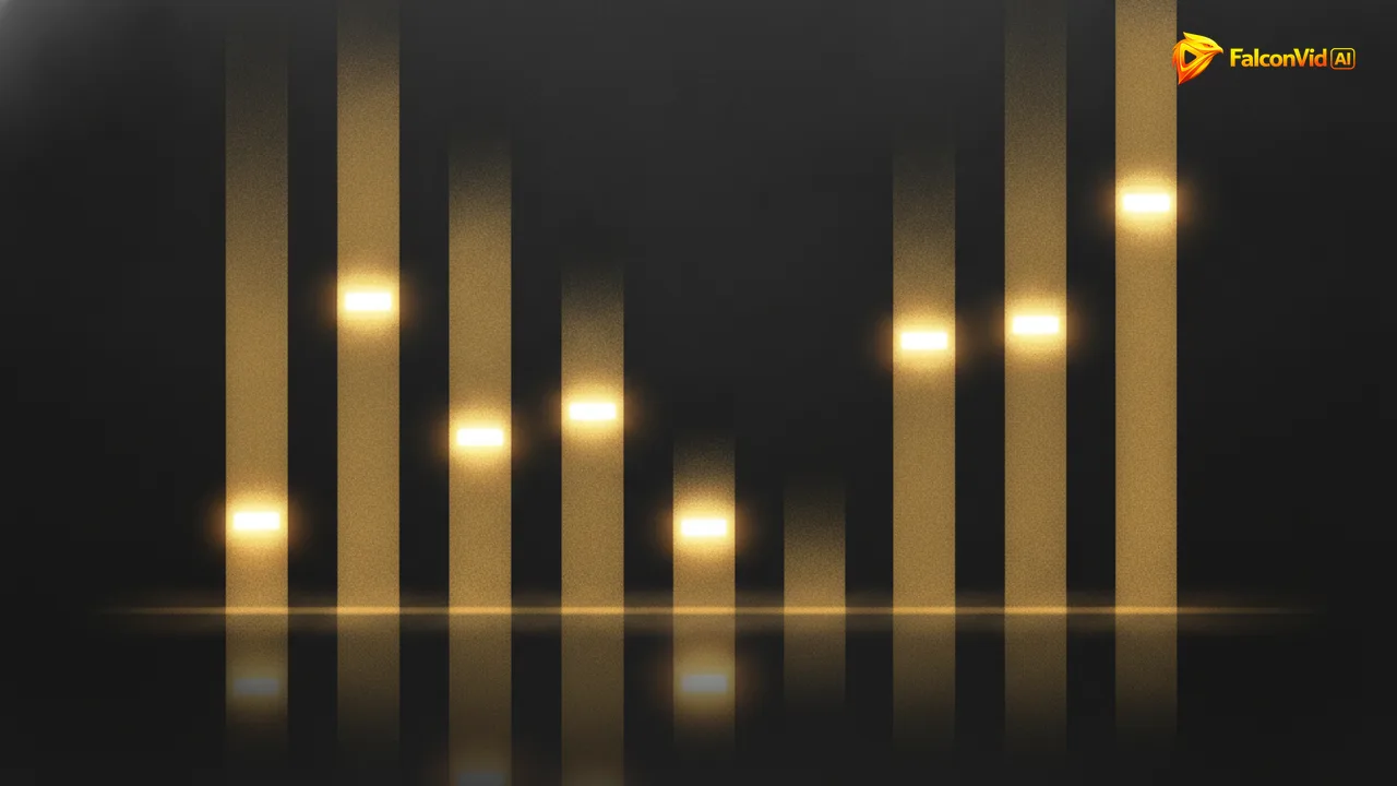 A row of vertical columns of golden light like studio faders in the dark, one of them pulled far down below the others.