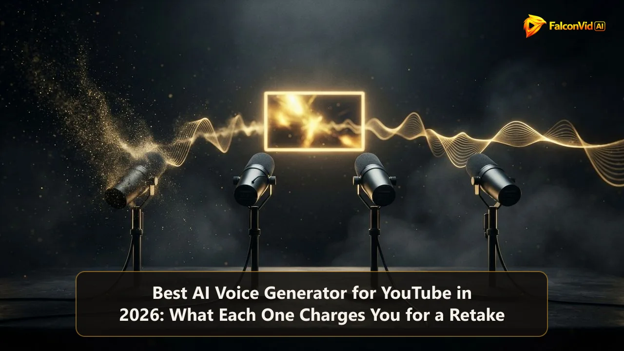 Four studio microphones sending golden sound waves into one video frame while one dissolves, illustrating the choice of the best AI voice generator for YouTube