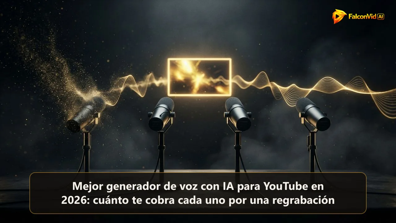 Cuatro micrófonos de estudio enviando ondas sonoras doradas a un solo cuadro de video mientras uno se desvanece, ilustrando la elección del mejor generador de voz con IA para YouTube