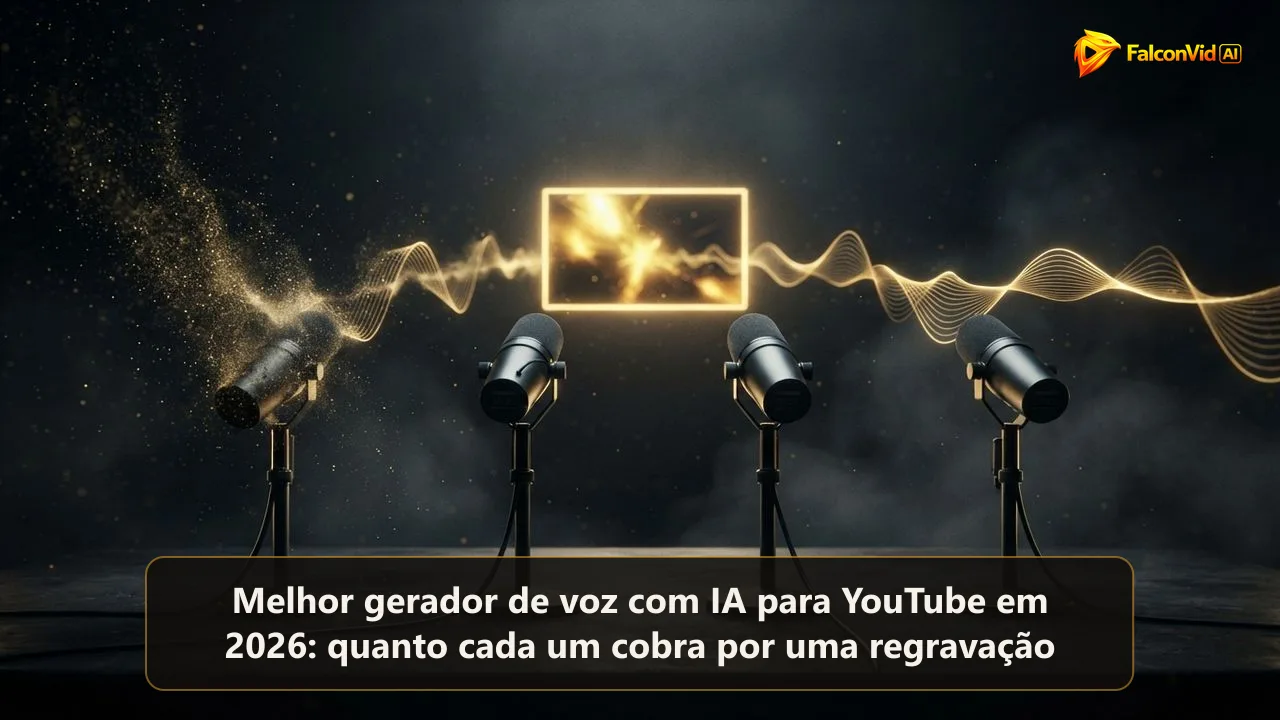Quatro microfones de estúdio enviando ondas sonoras douradas para um único quadro de vídeo enquanto um deles se desfaz, ilustrando a escolha do melhor gerador de voz com IA para YouTube
