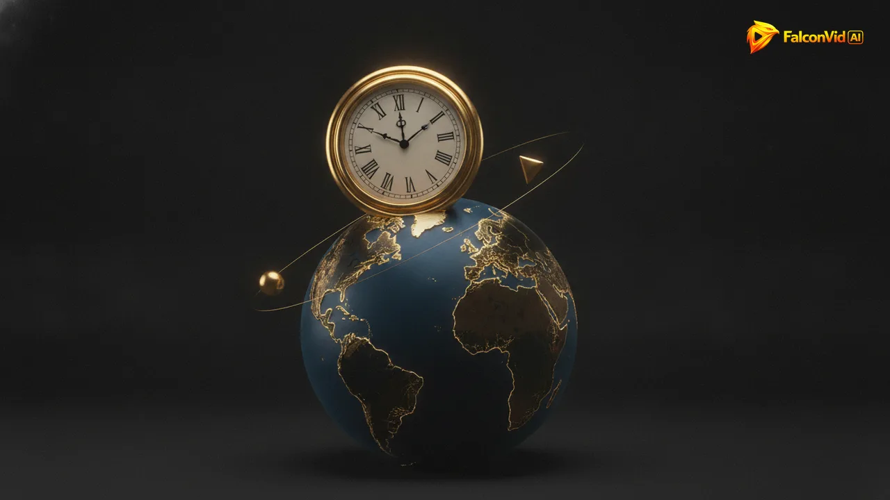 Golden clock over a dark globe crossed by timezone lines next to a play button