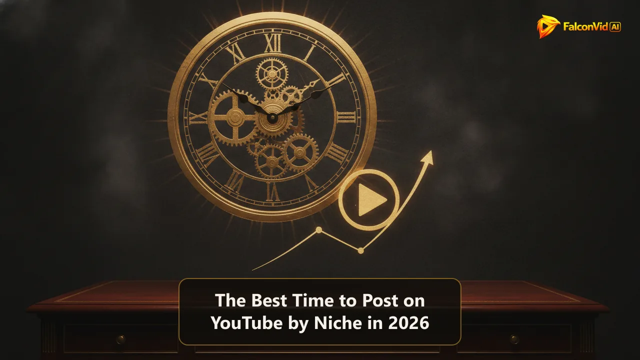 Golden clock glowing above a dark desk beside a play button and a rising curve
