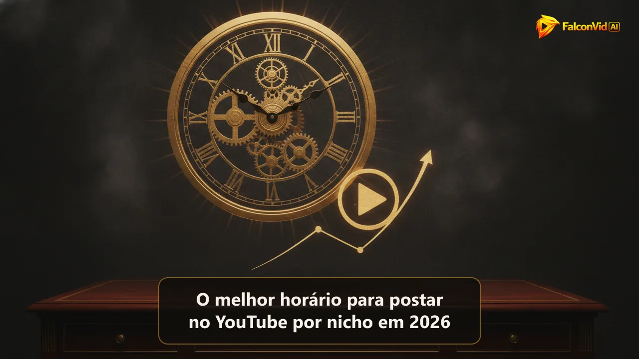 Relógio dourado brilhando sobre uma mesa escura ao lado de um botão de play e uma curva em alta