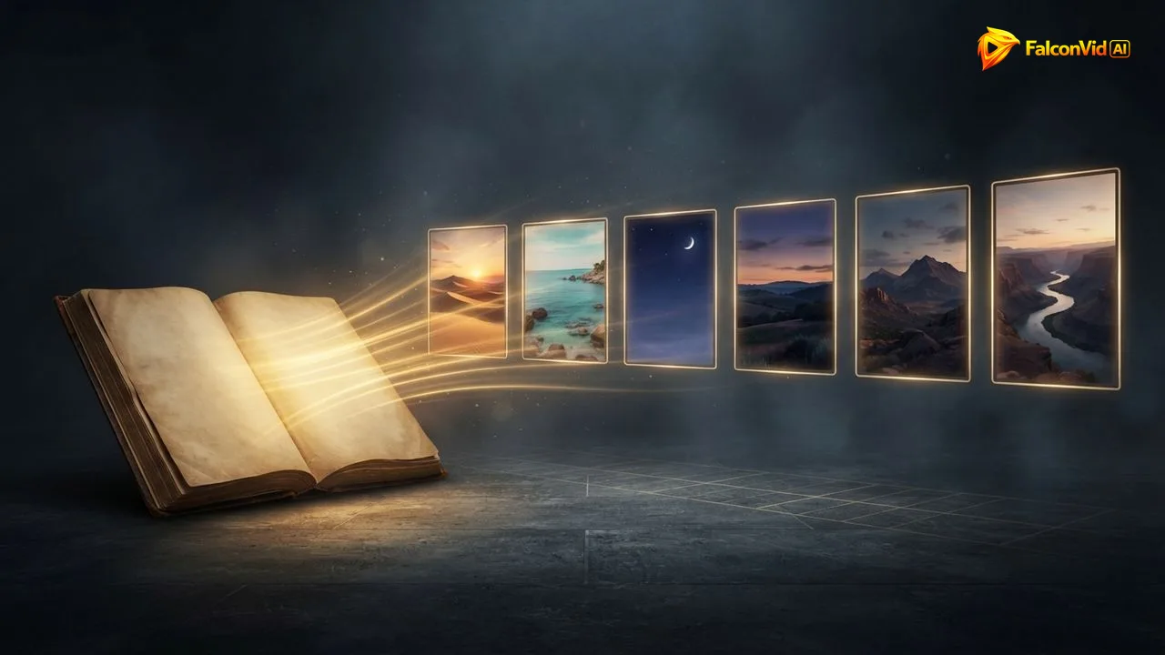 Luz dourada saindo de um livro aberto e virando uma fileira de quadros de história iluminados