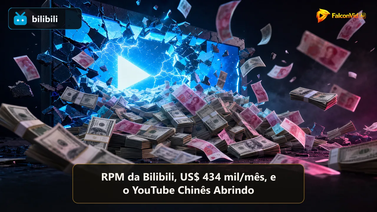 Dinheiro explodindo de uma tela de vídeo azul brilhante, com as marcas bilibili e FalconVid