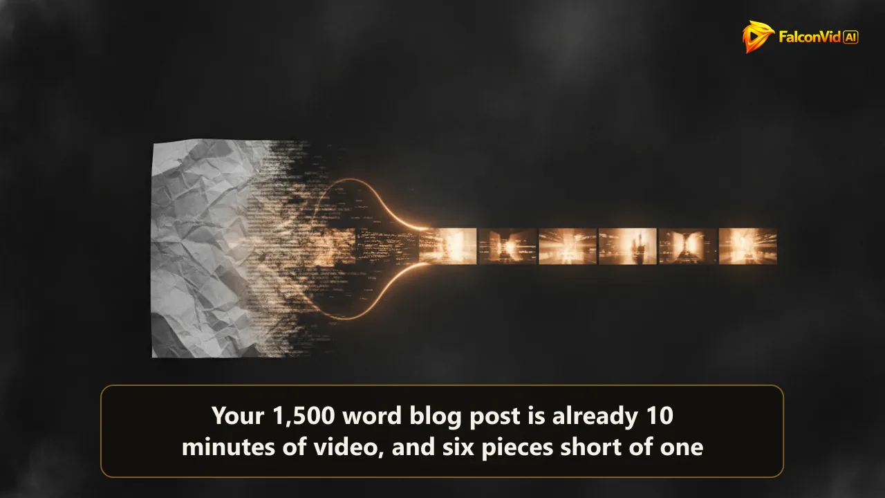 A sheet of text dissolving into a strip of glowing video frames on a dark background, representing a blog post being turned into a YouTube video