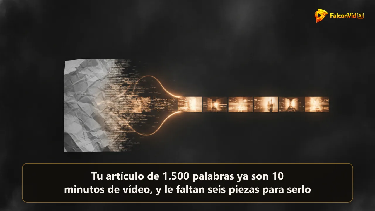 Una hoja de texto disolviéndose en una franja de fotogramas de vídeo encendidos sobre fondo oscuro, que representa un artículo del blog convertido en vídeo de YouTube