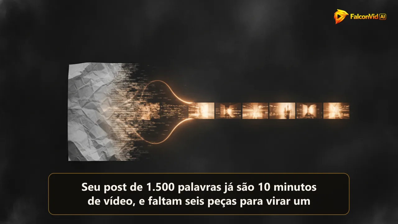 Uma folha de texto se dissolvendo numa faixa de quadros de vídeo acesos sobre fundo escuro, representando um post de blog virando vídeo do YouTube