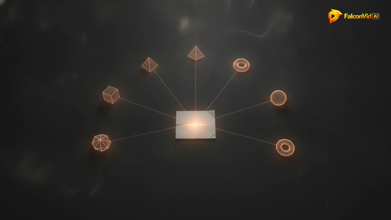 Six glowing tokens arranged around a single dim paper rectangle on a dark background, representing the six production pieces a blog post does not contain