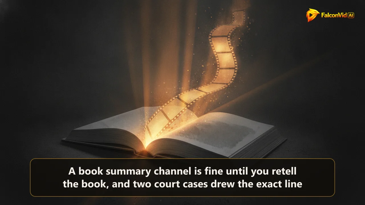 An open book whose pages dissolve into a rising strip of glowing film frames, representing a book turned into a YouTube video