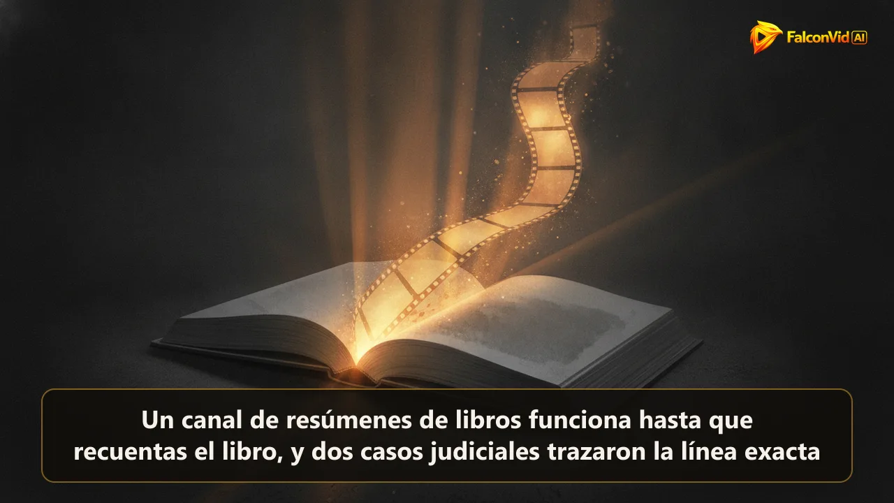Libro abierto cuyas páginas se deshacen en una franja de fotogramas de película brillando, que representa un libro convertido en video de YouTube