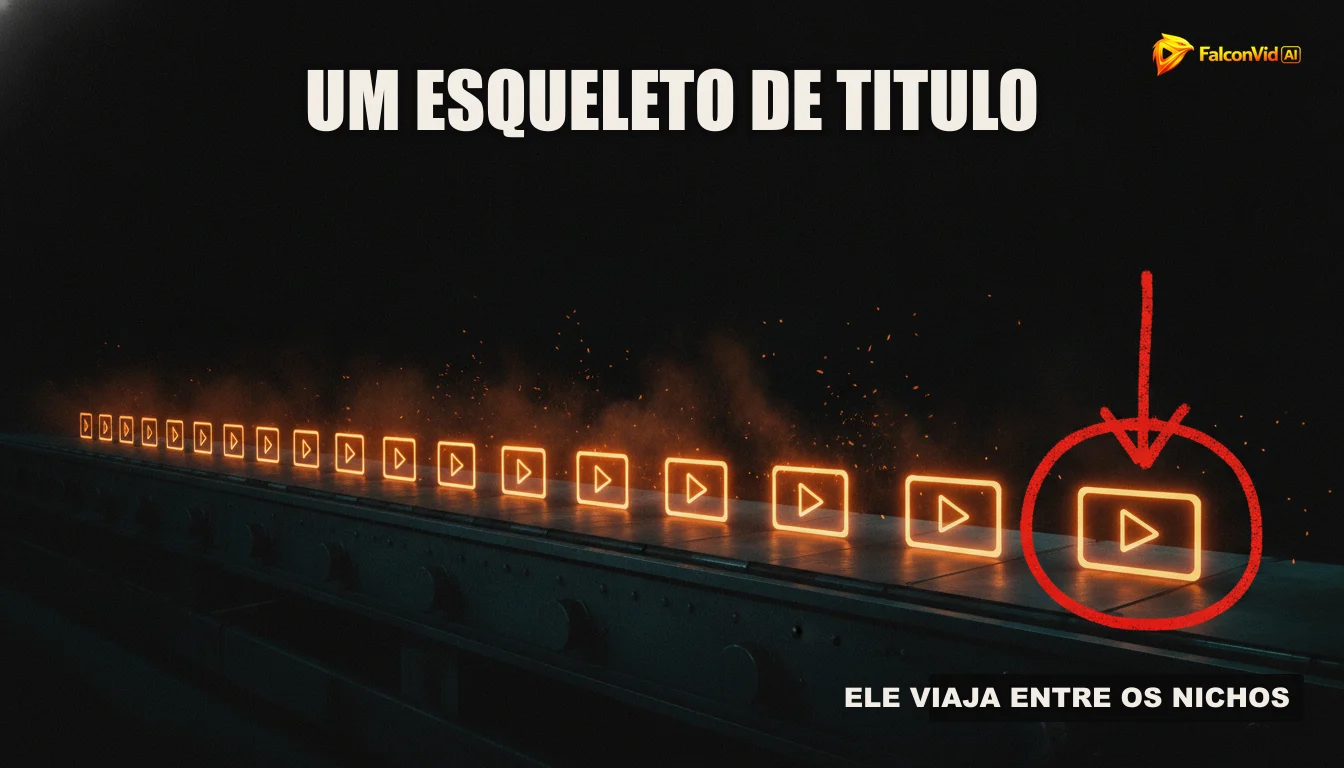 Uma ilustração de uma linha de produção automatizada com robôs criando vídeos, representando a eficiência da pipeline do FalconVid.
