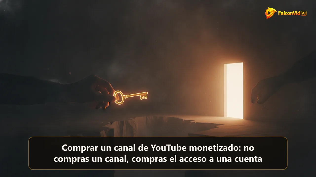 Una llave dorada pasada sobre un vacío oscuro hacia una puerta de luz que no tiene pared alrededor.