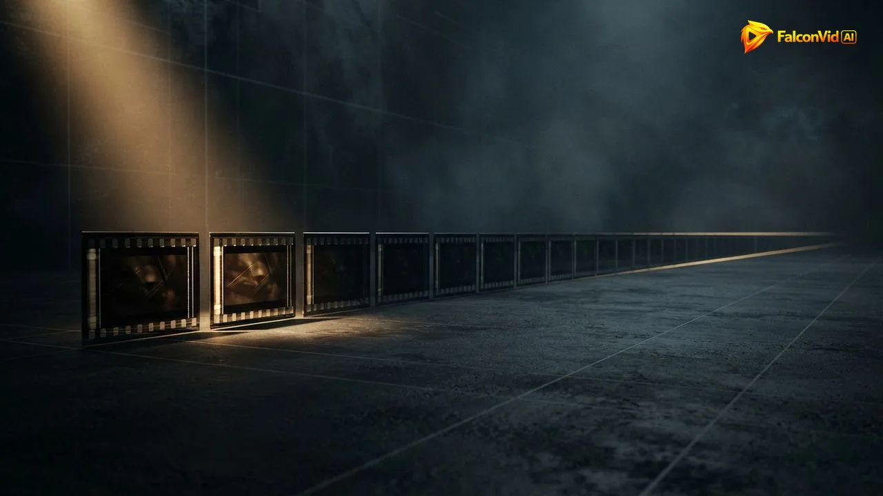 A long row of dark film frames with only the first two lit in gold, the share of a long video that a month of AI clips covers