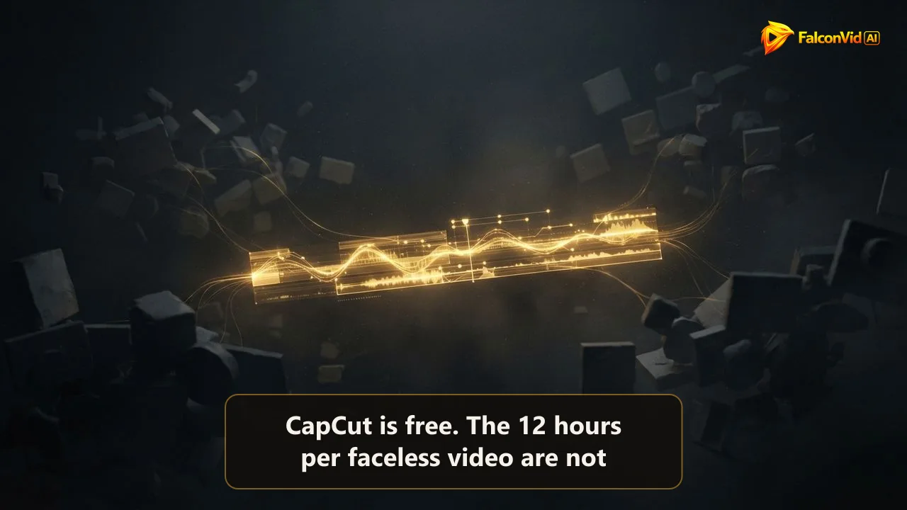 A glowing golden editing timeline in the center of a dark space, surrounded by grey unfinished blocks scattered in the shadow