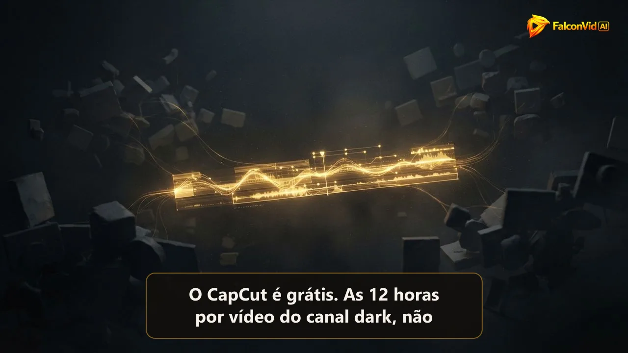Uma linha do tempo de edição dourada brilhando no centro de um espaço escuro, cercada de blocos cinzas inacabados espalhados na sombra