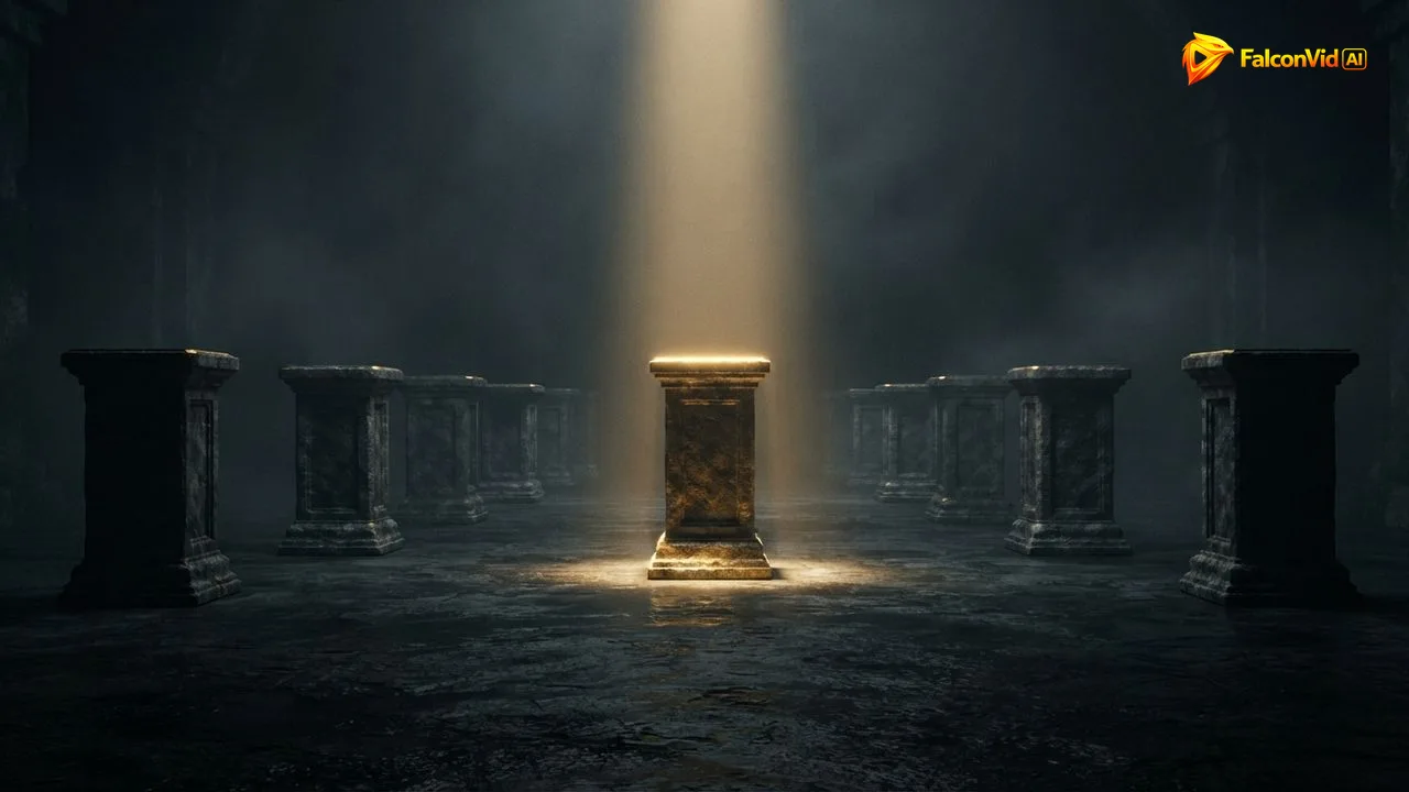 Stone pedestals in a dark hall, with only the one in the middle lit by a golden beam