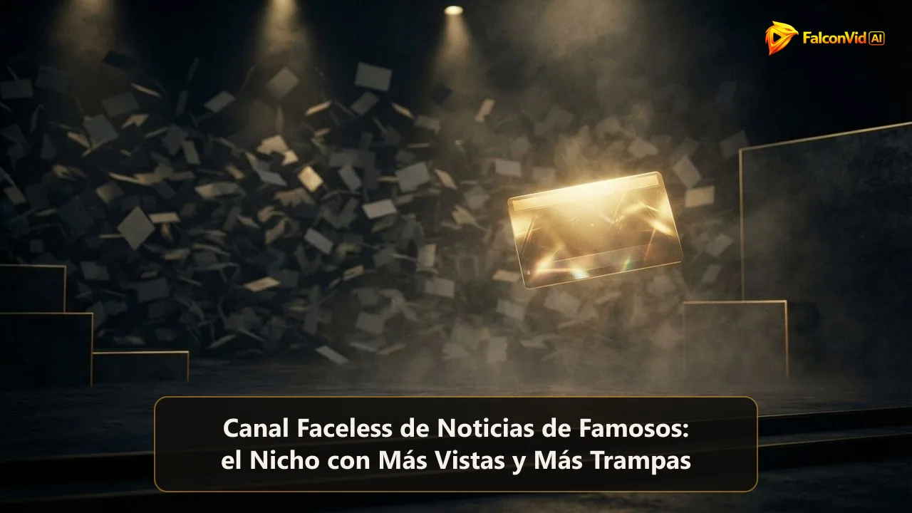 Un escenario vacío bajo focos dorados con una sola tarjeta de noticia brillando frente a un fondo oscuro