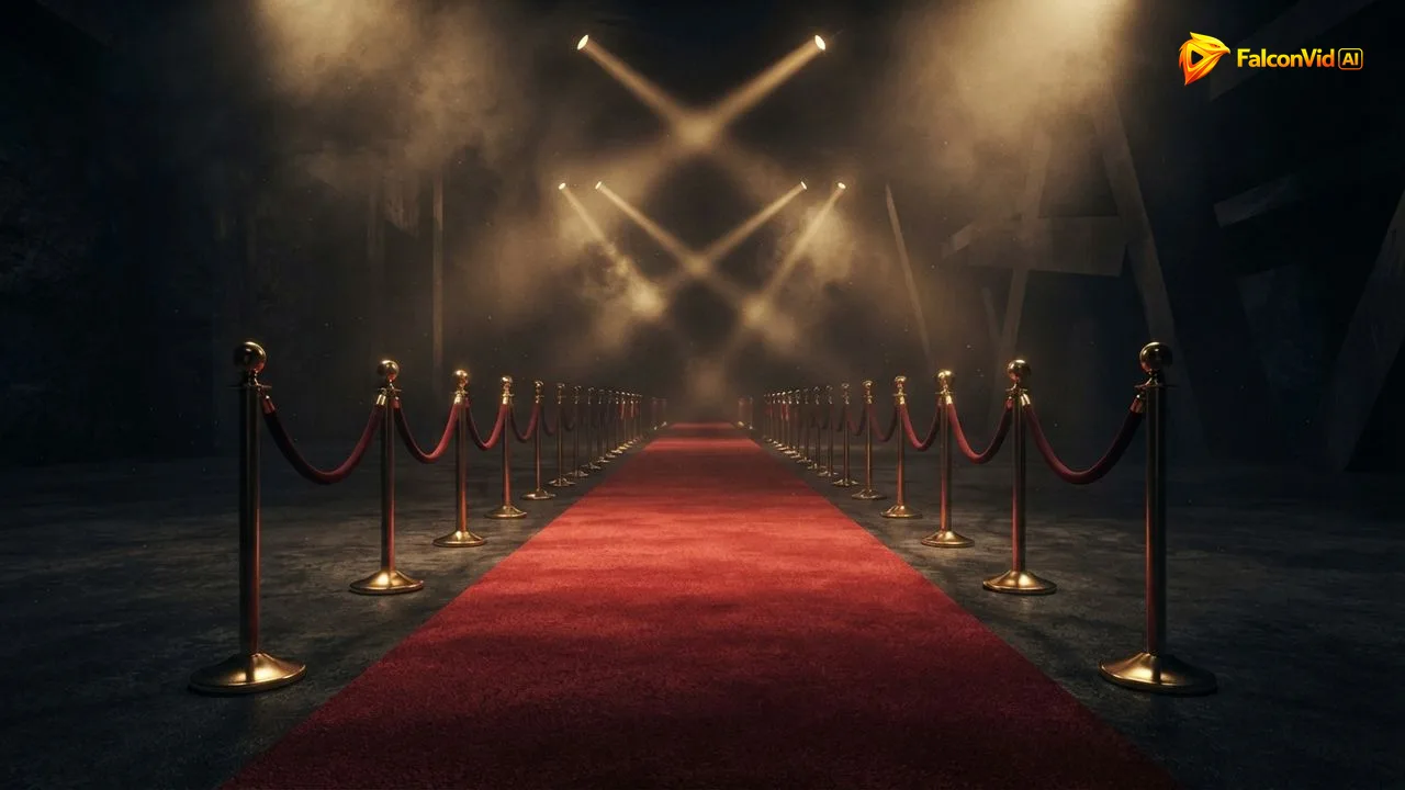 An empty red carpet under golden spotlights with velvet ropes and no people, a scene a channel can show without an agency photo