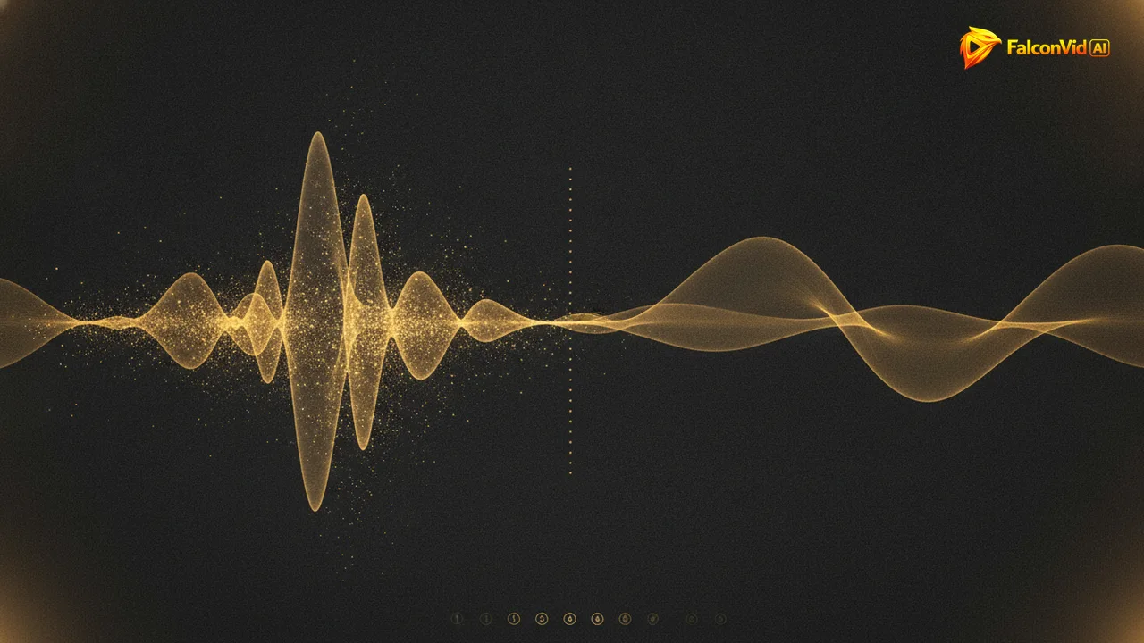 A golden sound wave dissolving into particles and reassembling into a different, calmer wave, with a dotted line marking the transition.